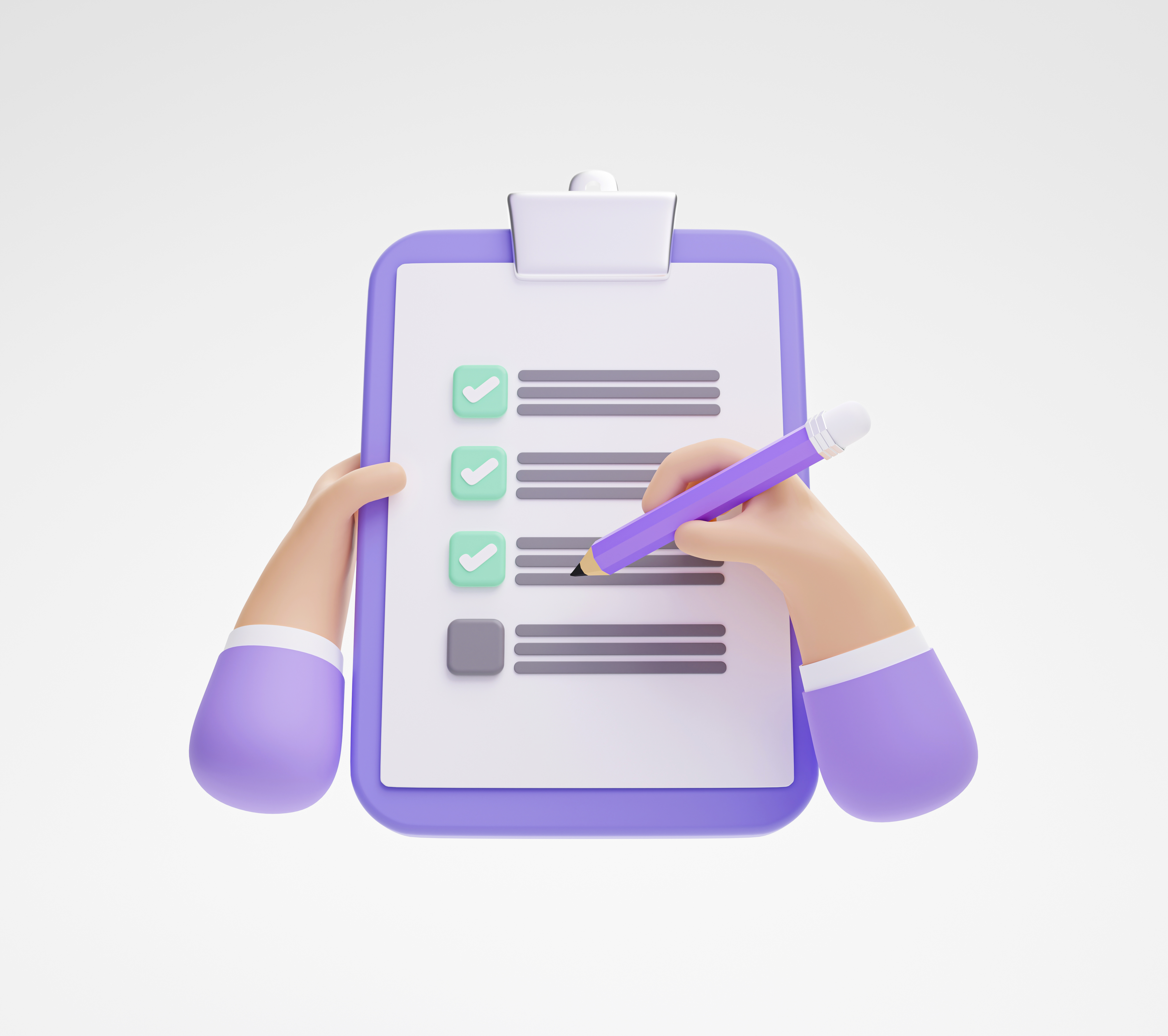 hand holding writing checklist application form document clipboard white background 3d illustration