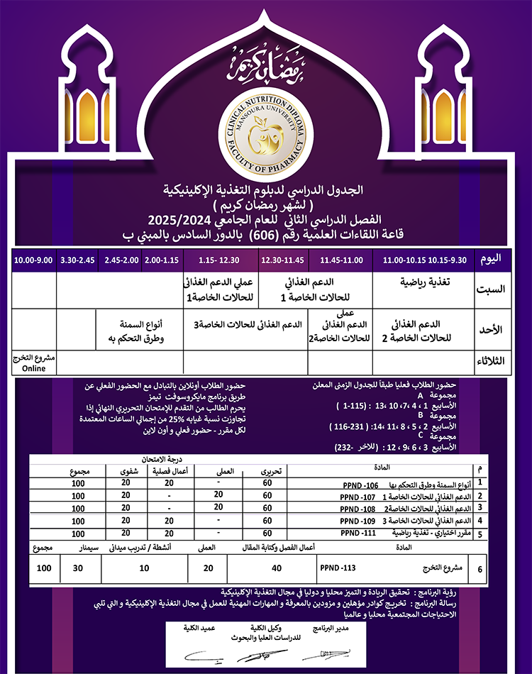 الجدول الدراسى لدبلوم التغذية الإكلينيكية (لشهر رمضان المبارك) الفصل الدراسى الثانى (الربيع) للعام الجامعى 2025/2024